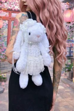 Plush Rabbit Lolita Backpack White Lace Y2K Bag