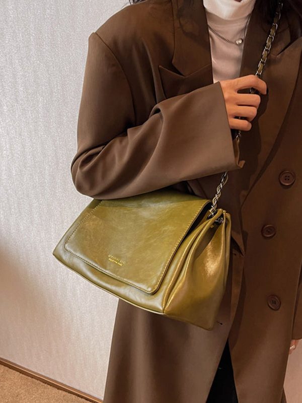 Regular Green Zippered Faux Leather Satchel Bag Handbag