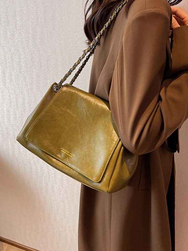 Regular Green Zippered Faux Leather Satchel Bag Handbag