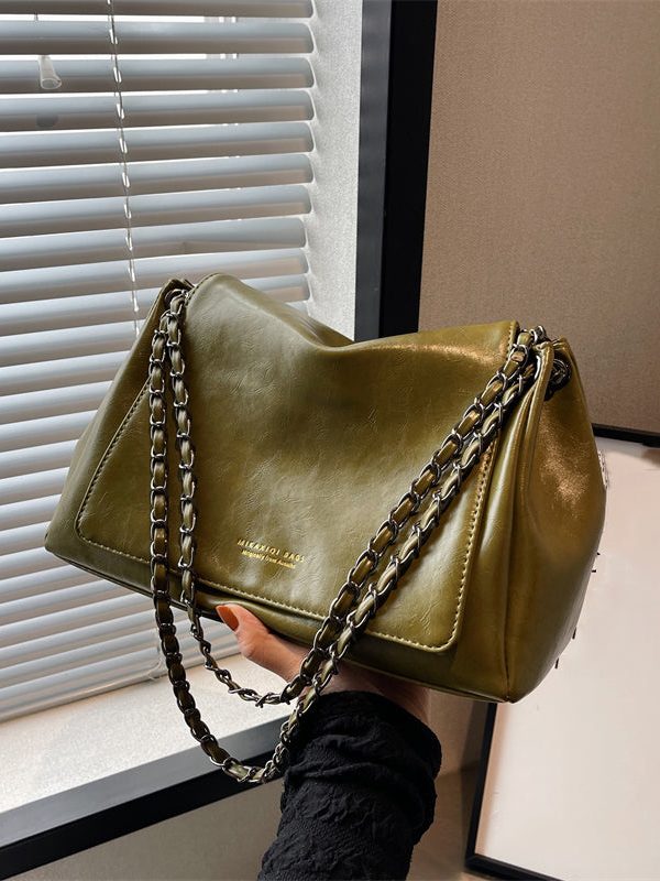 Regular Green Zippered Faux Leather Satchel Bag Handbag