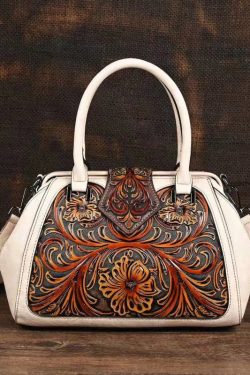 Retro Apricot Colored Cowhide Handmade Carved Handbag