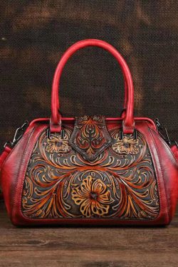 Retro Apricot Colored Cowhide Handmade Carved Handbag