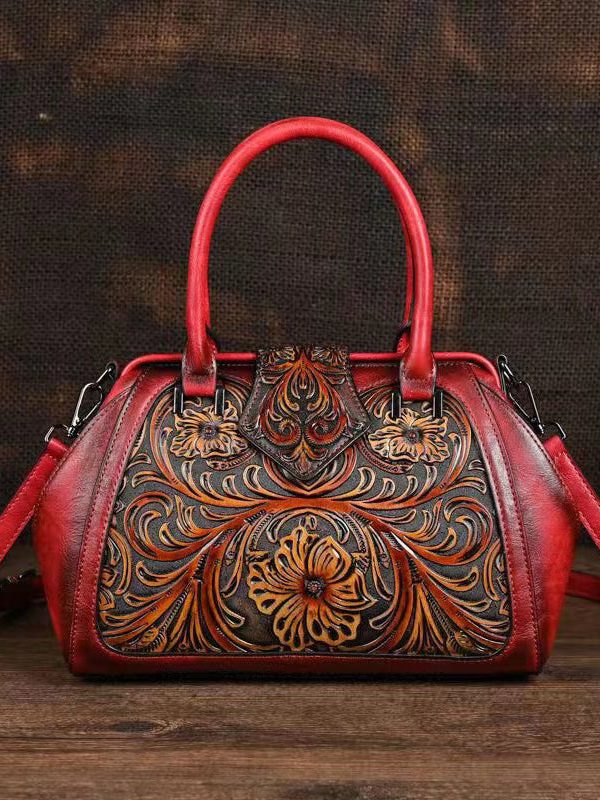 Retro Apricot Colored Cowhide Handmade Carved Handbag