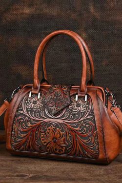 Retro Apricot Colored Cowhide Handmade Carved Handbag