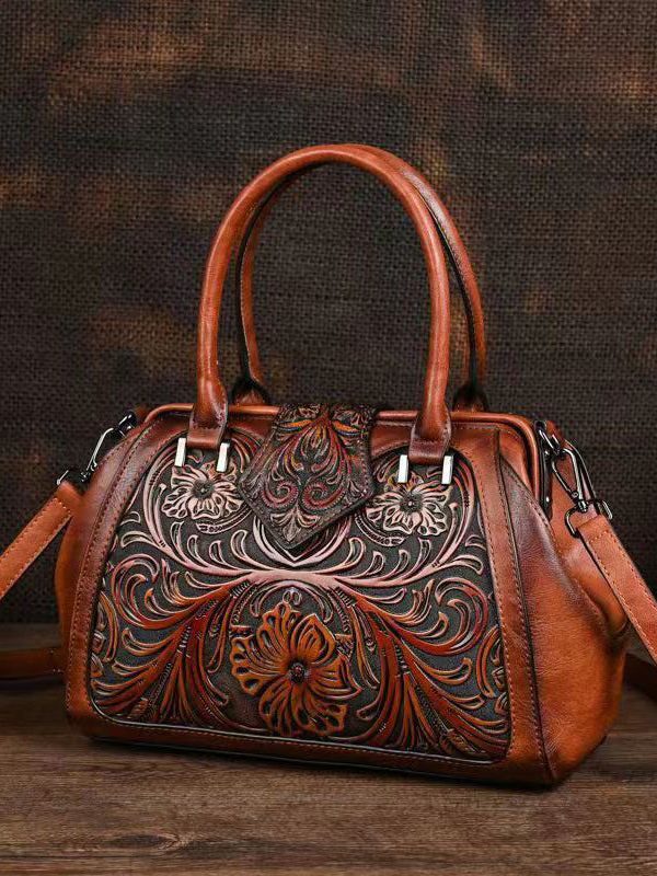 Retro Apricot Colored Cowhide Handmade Carved Handbag