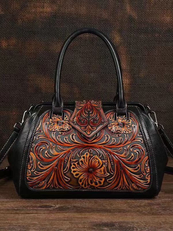 Retro Apricot Colored Cowhide Handmade Carved Handbag