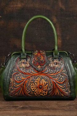 Retro Apricot Colored Cowhide Handmade Carved Handbag