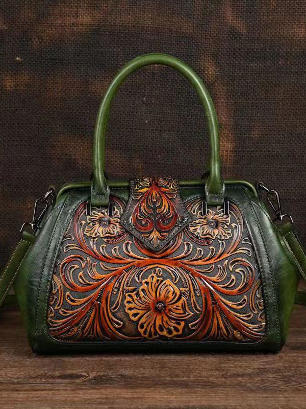 Retro Apricot Colored Cowhide Handmade Carved Handbag