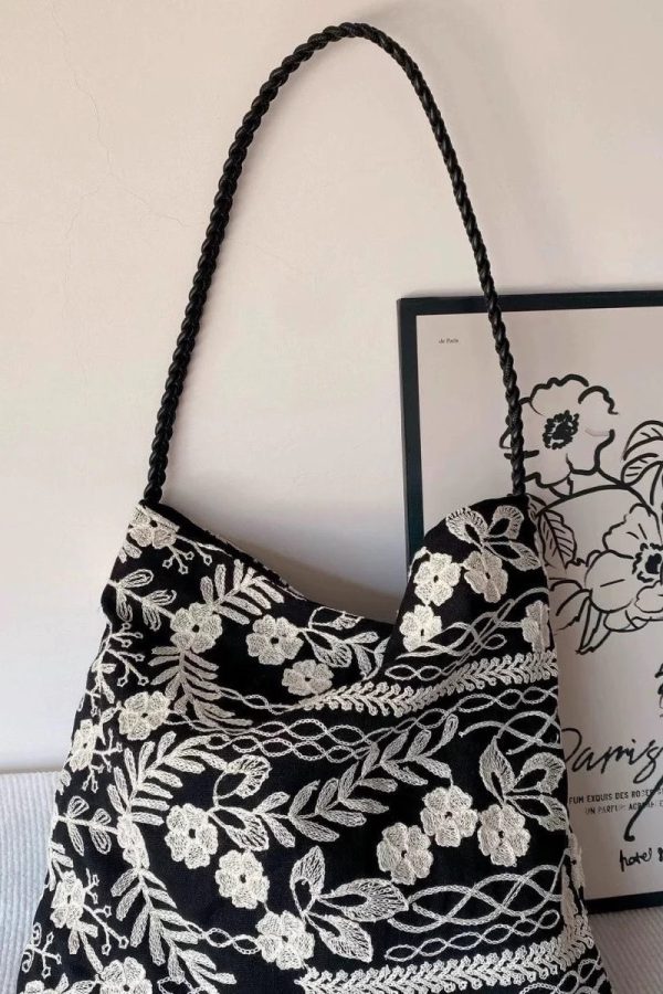 Retro Black Embroidered Flower Cotton Women Handbags