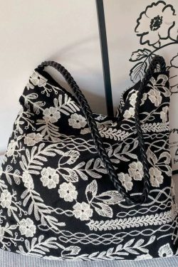 Retro Black Embroidered Flower Cotton Women Handbags