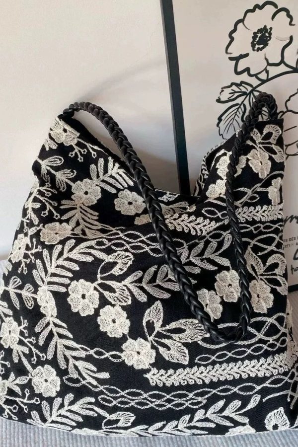 Retro Black Embroidered Flower Cotton Women Handbags