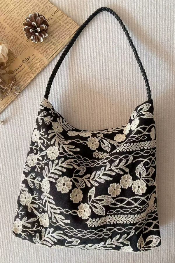Retro Black Embroidered Flower Cotton Women Handbags