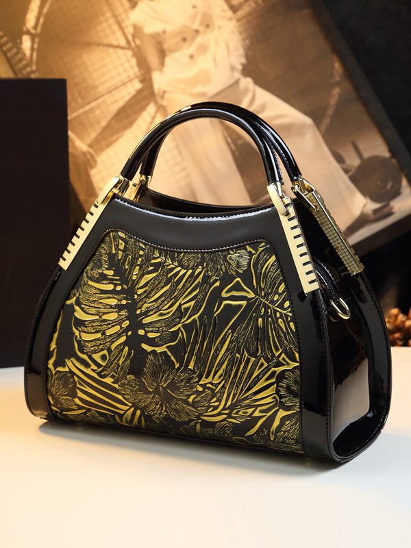 Retro Black Print Large Capacity Faux Leather Tote Handbag