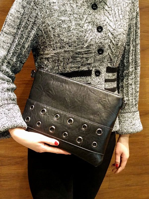 Retro Black Zippered Patchwork Faux Leather Shopping Bag