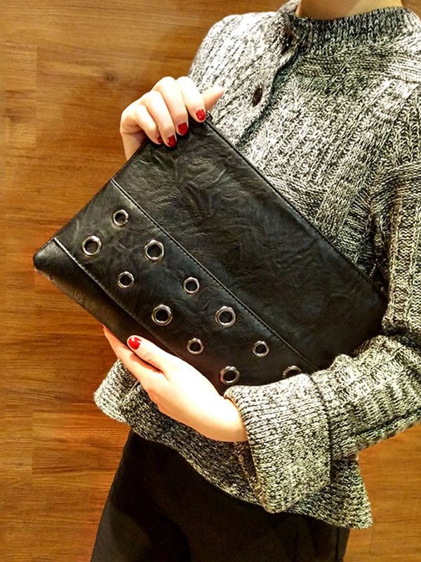 Retro Black Zippered Patchwork Faux Leather Shopping Bag