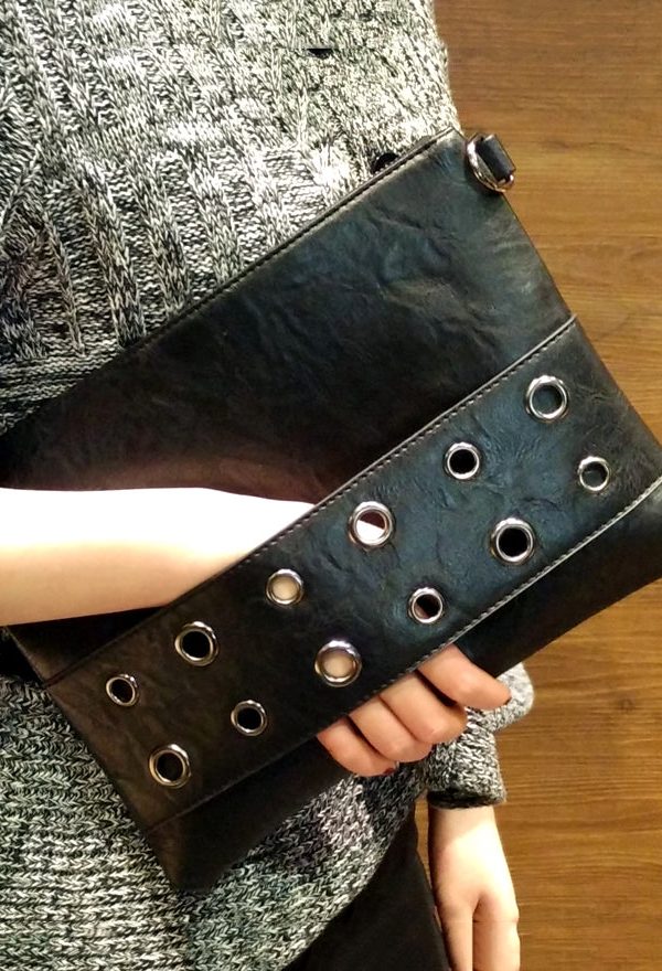 Retro Black Zippered Patchwork Faux Leather Shopping Bag