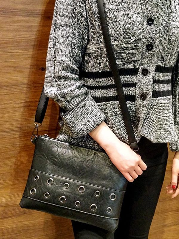 Retro Black Zippered Patchwork Faux Leather Shopping Bag