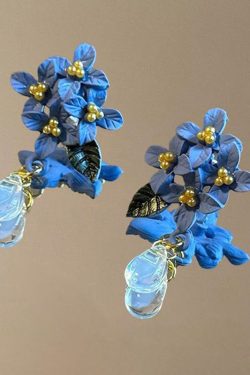 Retro Blue Alloy Acrylic Floral Crystal Water Droplet Drop Earrings