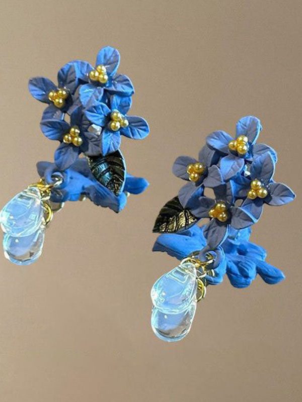Retro Blue Alloy Acrylic Floral Crystal Water Droplet Drop Earrings