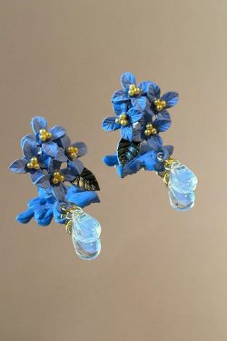 Retro Blue Alloy Acrylic Floral Crystal Water Droplet Drop Earrings