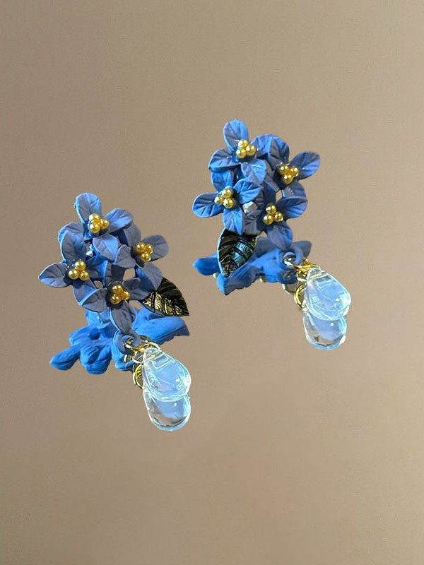 Retro Blue Alloy Acrylic Floral Crystal Water Droplet Drop Earrings