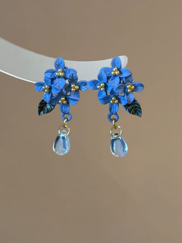 Retro Blue Alloy Acrylic Floral Crystal Water Droplet Drop Earrings
