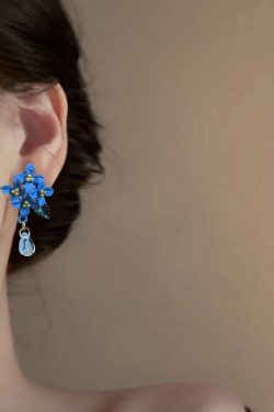 Retro Blue Alloy Acrylic Floral Crystal Water Droplet Drop Earrings