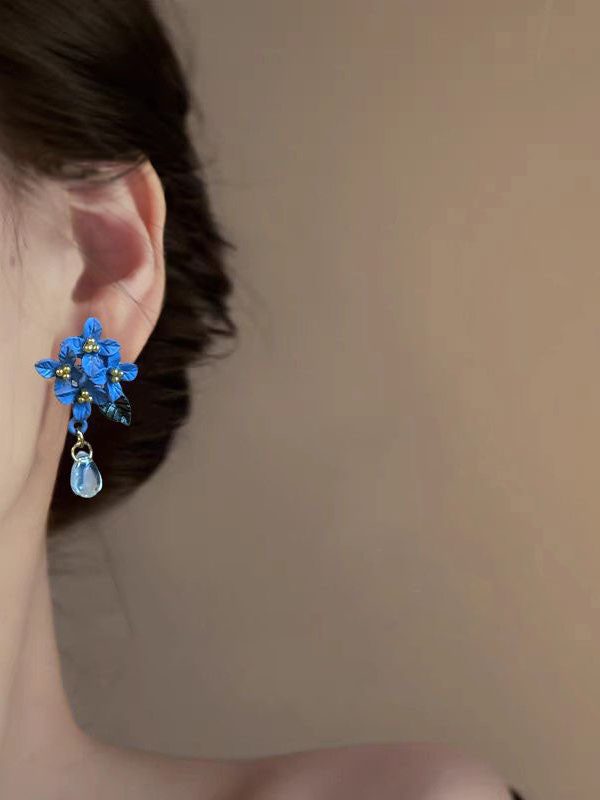 Retro Blue Alloy Acrylic Floral Crystal Water Droplet Drop Earrings