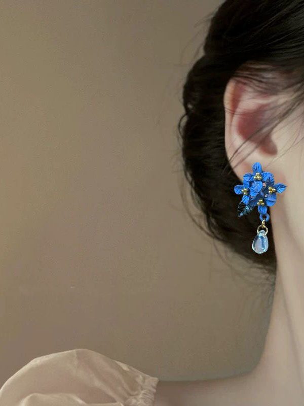 Retro Blue Alloy Acrylic Floral Crystal Water Droplet Drop Earrings