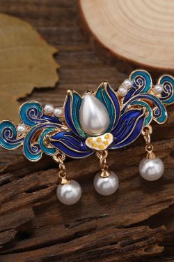 Retro Blue Alloy Pearl Cloisonne Floral Tassel Hairpin