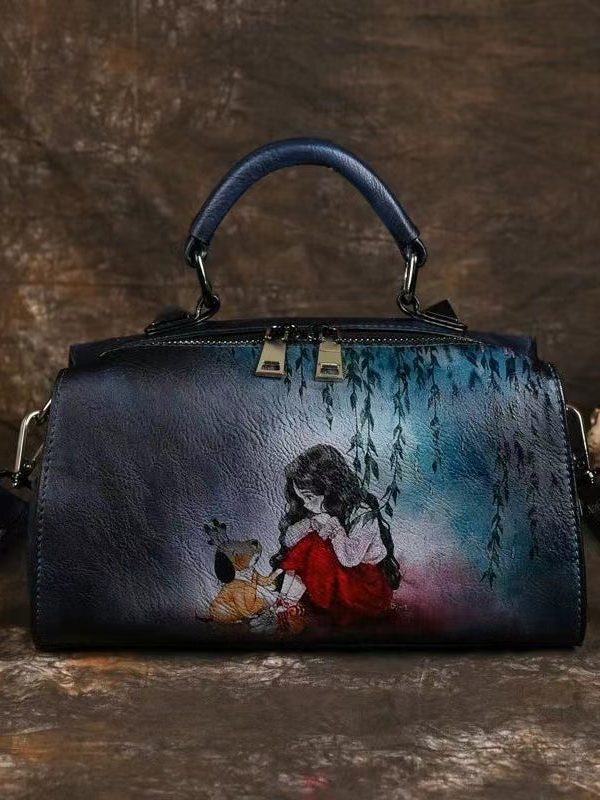 Retro Blue Black Hand Painted Versatile Handbag
