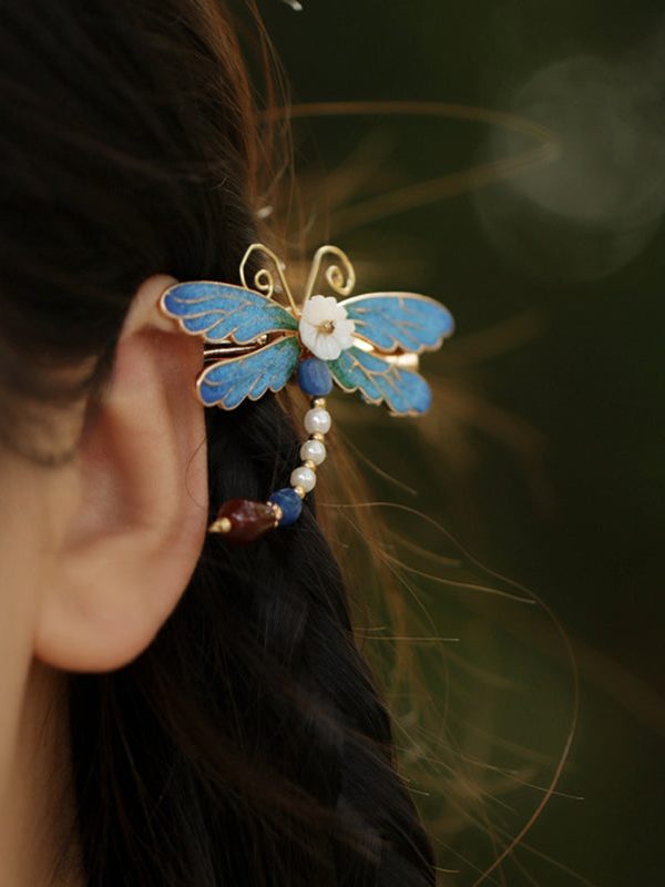 Retro Blue Copper Alloy Pearl Agate Enamel Hairpin