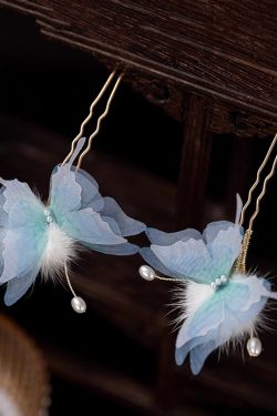 Retro Blue Copper Alloy Pearl Butterfly Fuzzy Ball A Pair Hairpin