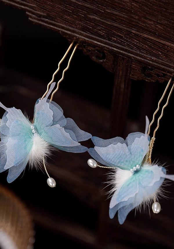 Retro Blue Copper Alloy Pearl Butterfly Fuzzy Ball A Pair Hairpin