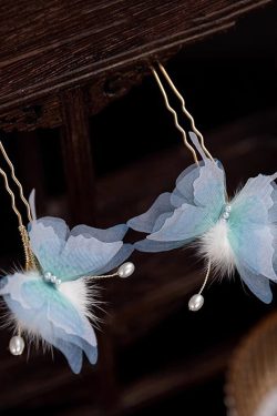 Retro Blue Copper Alloy Pearl Butterfly Fuzzy Ball A Pair Hairpin