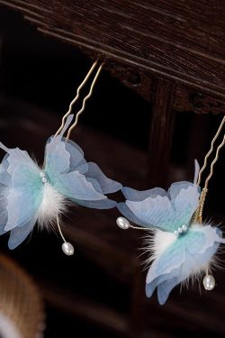 Retro Blue Copper Alloy Pearl Butterfly Fuzzy Ball A Pair Hairpin