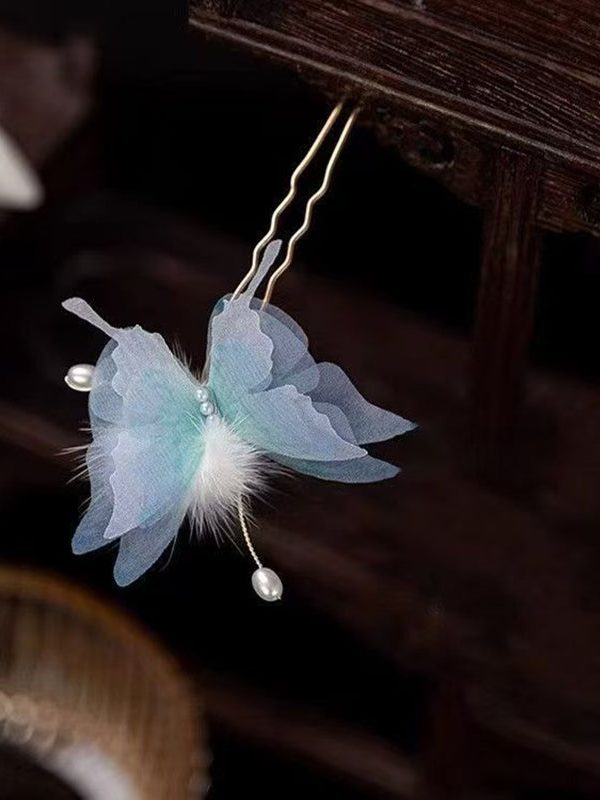 Retro Blue Copper Alloy Pearl Butterfly Fuzzy Ball A Pair Hairpin