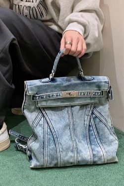 Retro Blue Large Capacity Solid Durable Denim Backpack