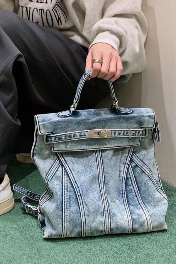 Retro Blue Large Capacity Solid Durable Denim Backpack