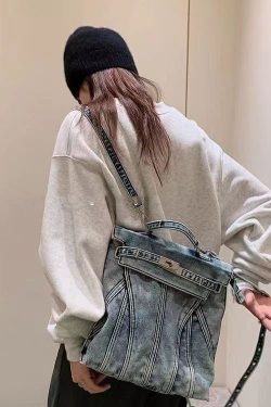 Retro Blue Large Capacity Solid Durable Denim Backpack