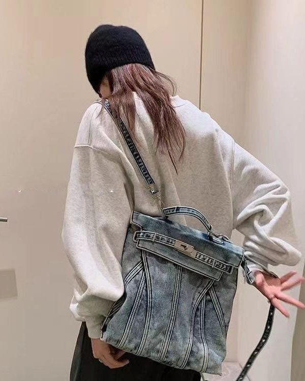 Retro Blue Large Capacity Solid Durable Denim Backpack