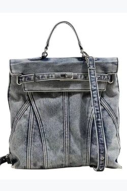 Retro Blue Large Capacity Solid Durable Denim Backpack