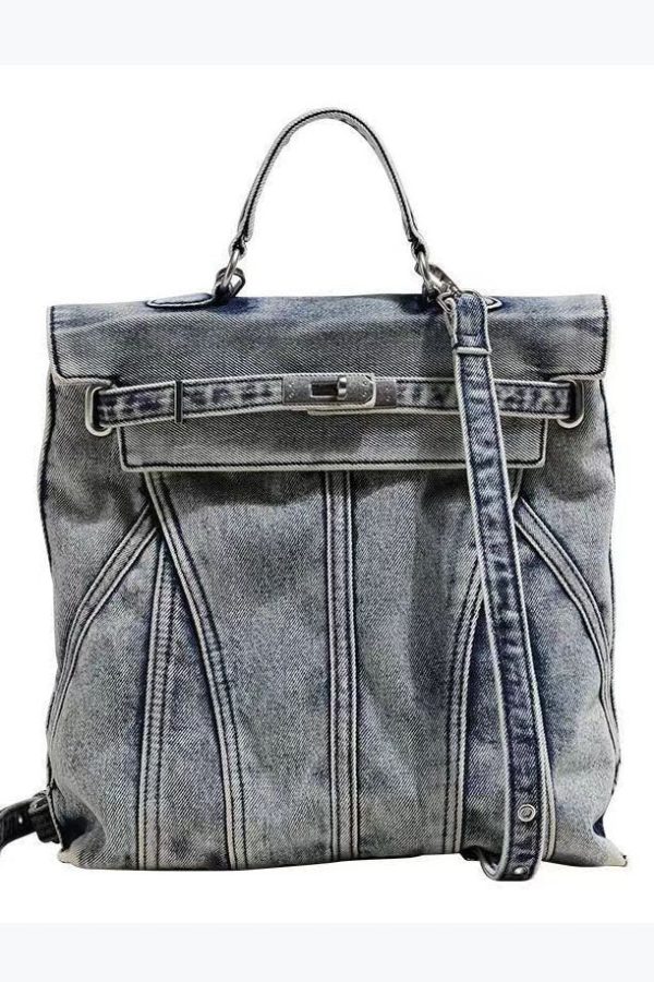 Retro Blue Large Capacity Solid Durable Denim Backpack