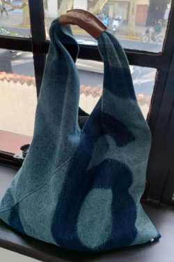 Retro Blue Letter Print Patchwork Denim Shopping Bag