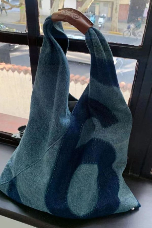 Retro Blue Letter Print Patchwork Denim Shopping Bag