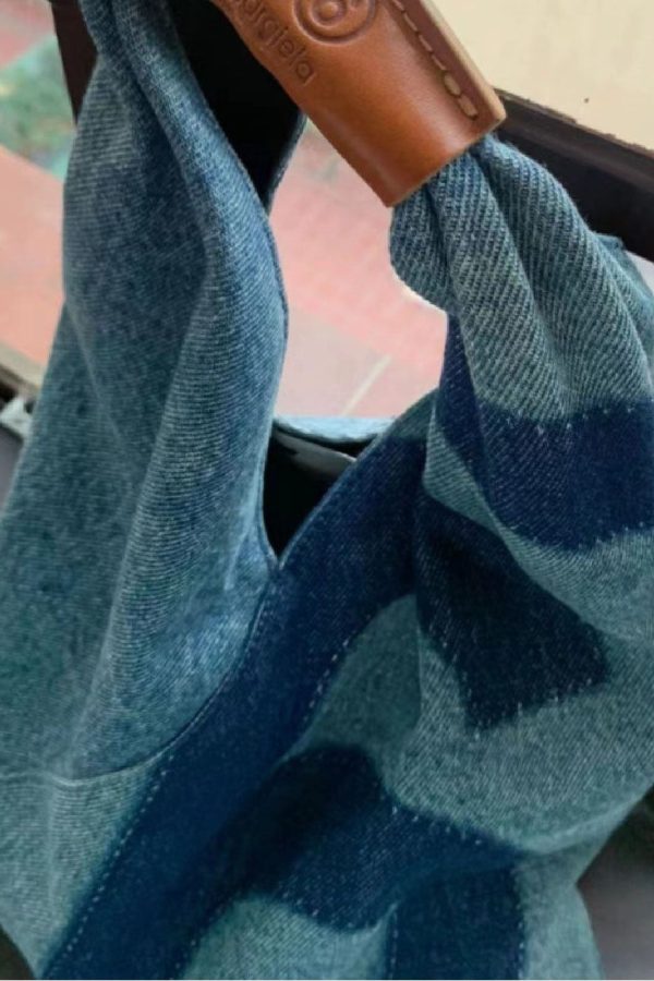 Retro Blue Letter Print Patchwork Denim Shopping Bag