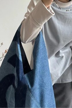 Retro Blue Letter Print Patchwork Denim Shopping Bag
