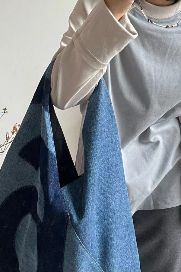 Retro Blue Letter Print Patchwork Denim Shopping Bag