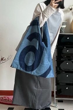 Retro Blue Letter Print Patchwork Denim Shopping Bag