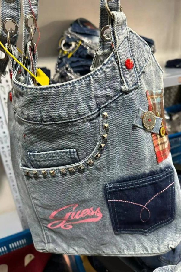 Retro Blue Rivet Patch Denim Messenger Bag